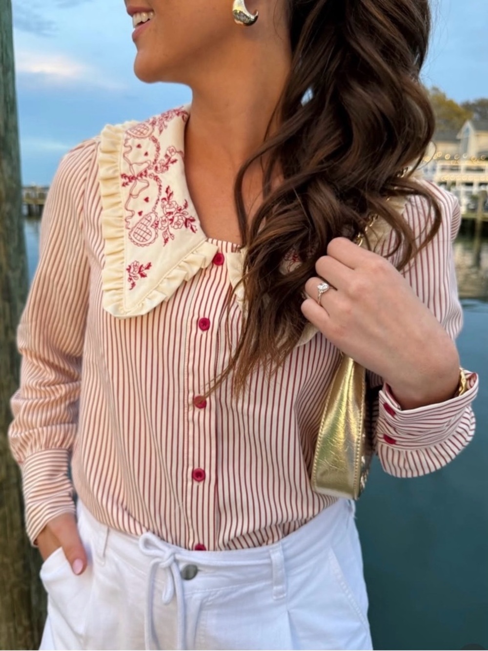 NWT Cider Embroidered Doll Collar Burgundy Cream Stripe Cottagecore Blouse